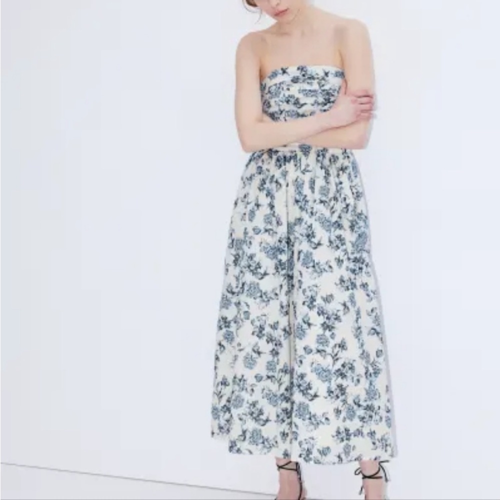 H&M Pleated Bandeau Dress Cream and Blue Floral